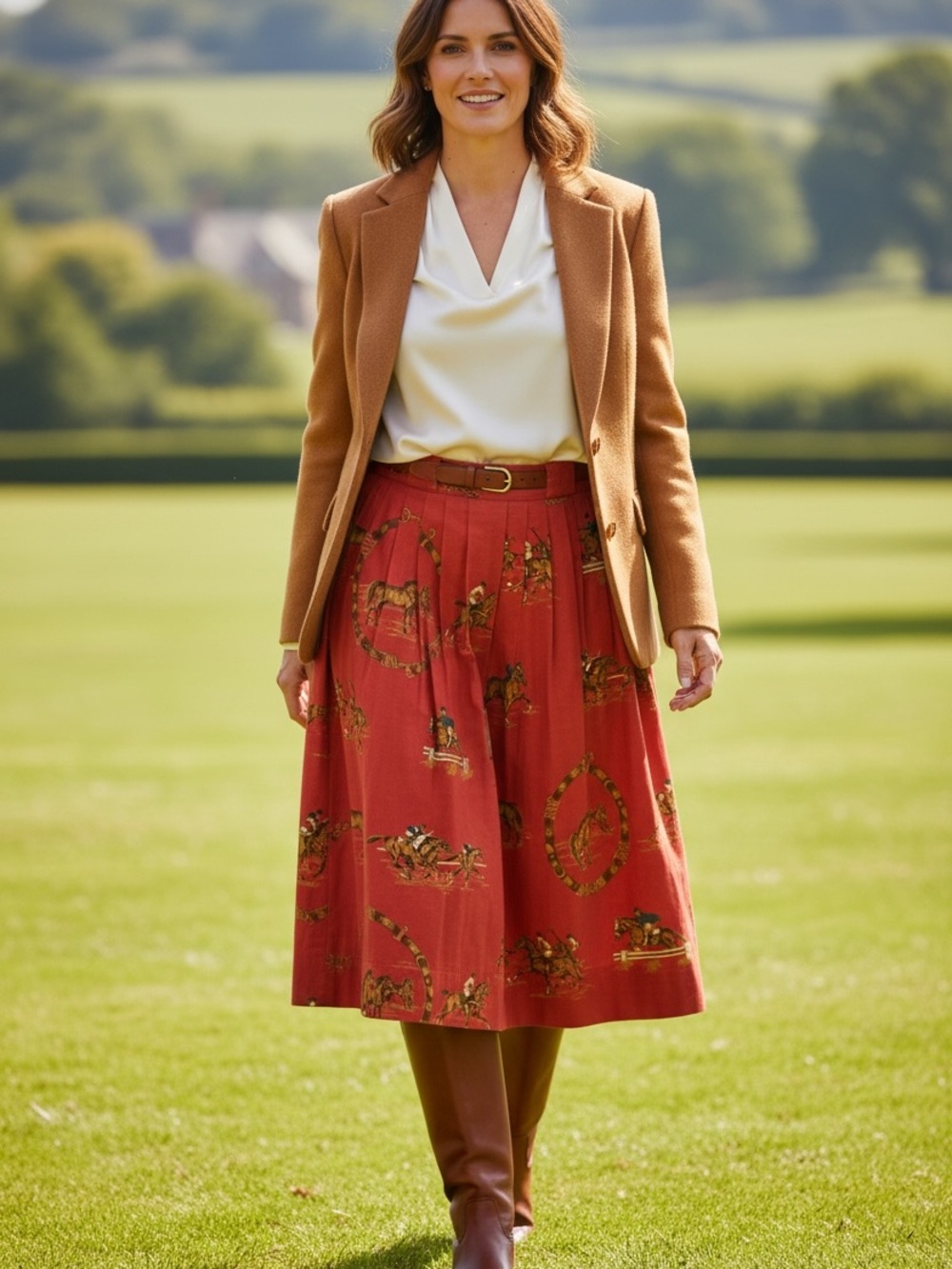 Vintage 1980’s Ralph Lauren blue label equestrian Red horse print Midi Skirt Sz8